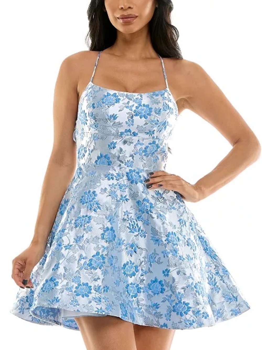 B Darlin Light Blue Floral Mini Dress with Spaghetti Straps